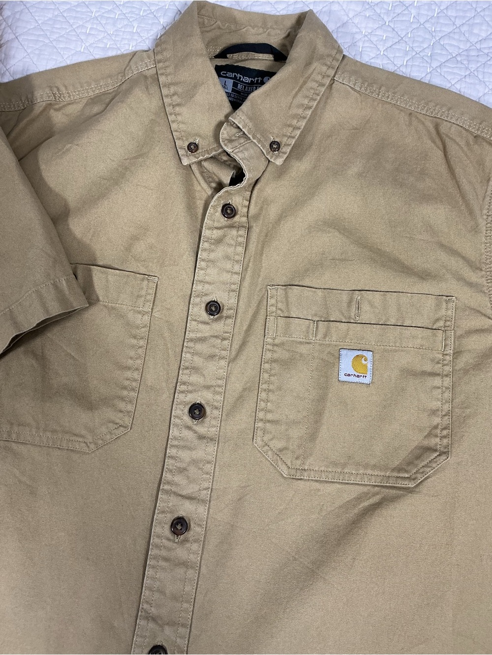 Carhartt Men’s Rugged Flex Rigby Work Shirt Khaki/Tan Short Sleeve Size L